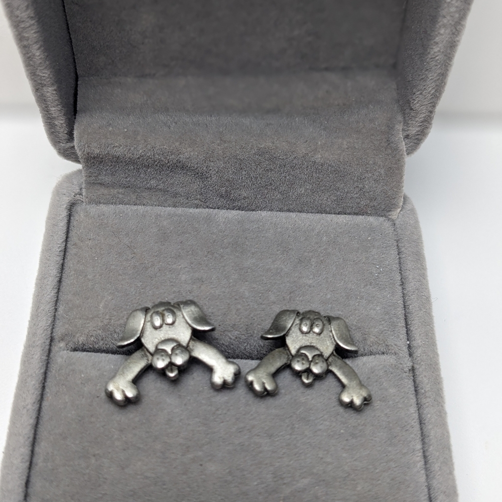 Vintage Pewter Dog Earrings 1980s Collectors Pets Animals Pushback